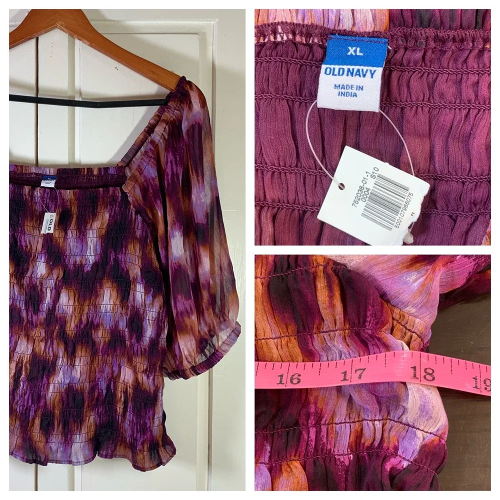 Old Navy Womens XL Purple Smocked Sheer Tie Dye Puff Sleeve‎ Square Neck Top